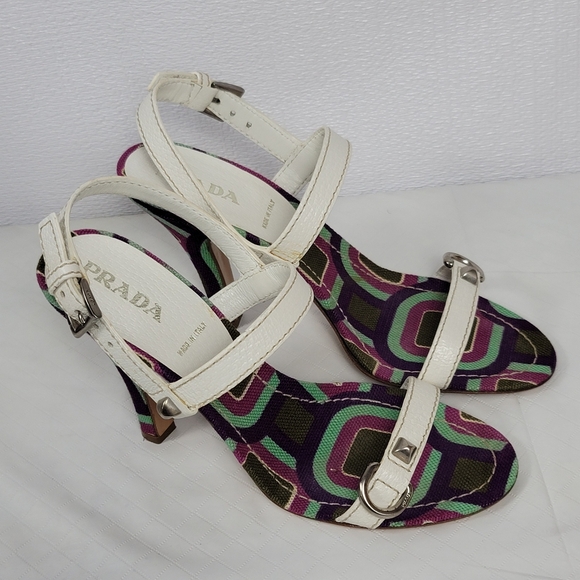 Prada Calzature Donna White Leather Cinghiale Viola Slingback Heel Sandals Sz 39 - Picture 2 of 12